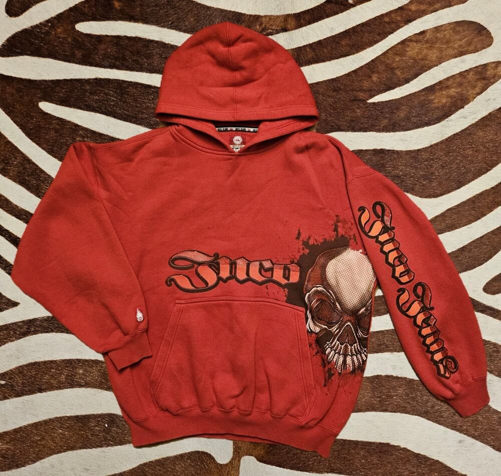 Vintage JNCO Jeans Hoodie Red Cotton Fleece Skull Graphic Streetwear Y2K Sz L